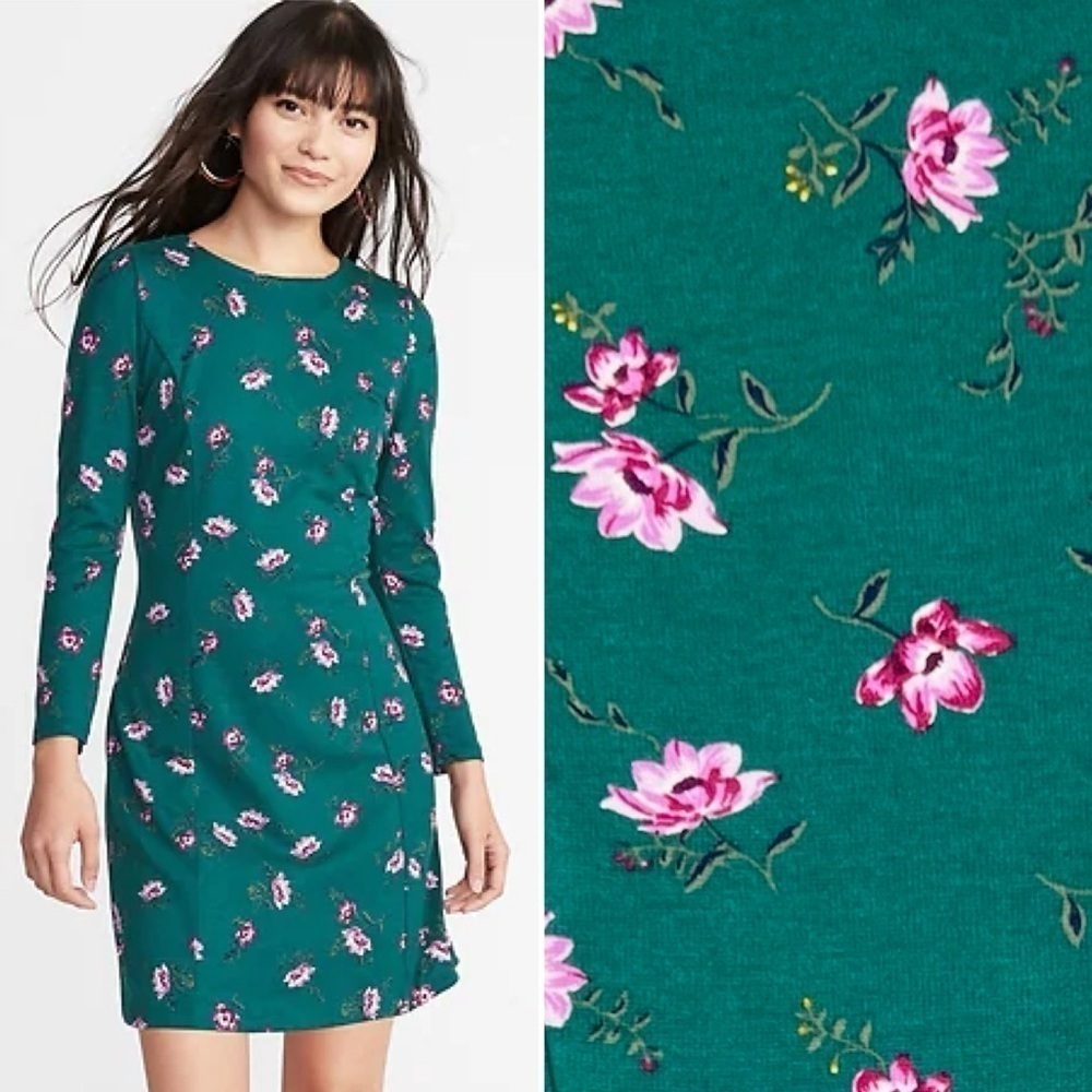 OLD NAVY Long Sleeve Ponte Knit Shirred Sleeve Sheath Dress Green Floral Fall XS